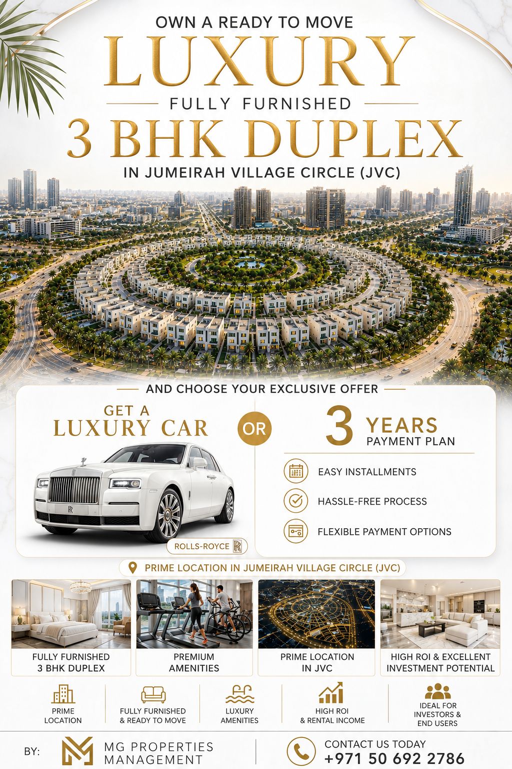 Luxury fully furnished 3 BHK duplex in Jumeirah Village Circle, Dubai